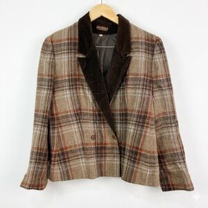Vintage Suit World Wool Plaid Blazer Corduroy Collar Brown Rust Sz 14 Academic